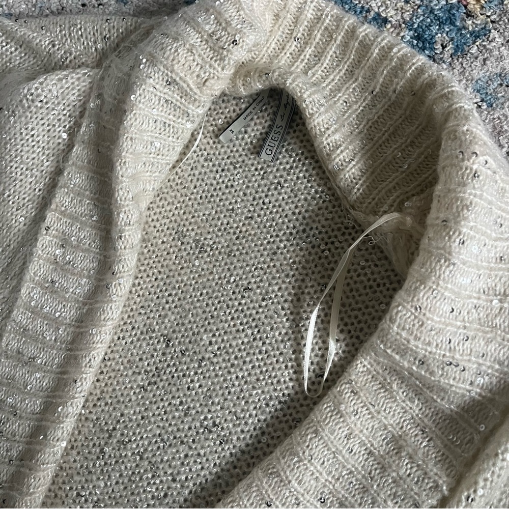 GUESS knit short sleeved sweater cardigan, cream with sparse sequins